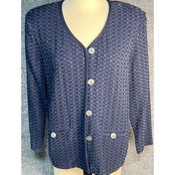 Cynthia Max Button Down Cardigan Sweater Navy Blue Pocket Womens Size Petite - Picture 1 of 13
